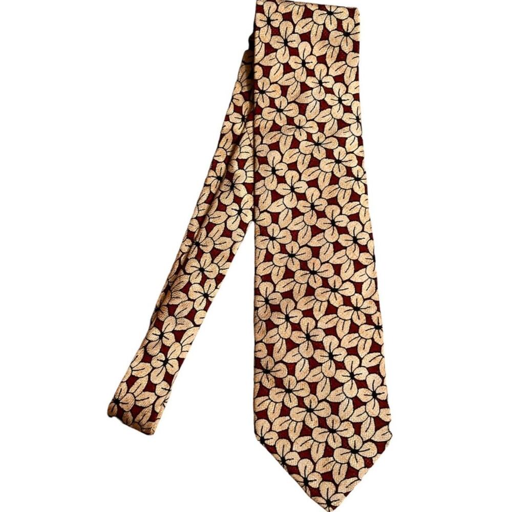 VTG 90s Y2k Structure 100% Silk Printed Floral Neck Tie Red Cream Corp Career